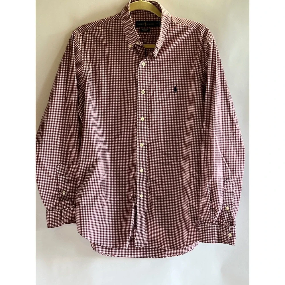 Polo Ralph Lauren Mens Preppy Cotton Gingham Shirt Red‎ White Cotton Size Medium